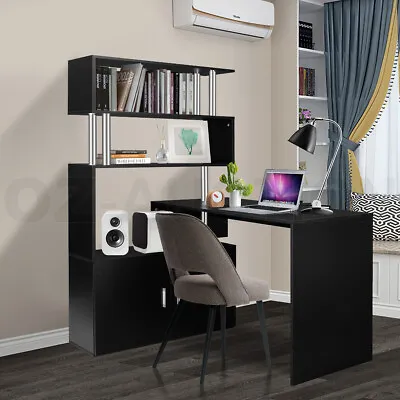 Office Computer Desk L Shaped Rotating Corner Study Writing 3 Bookshelf Black • $209.95