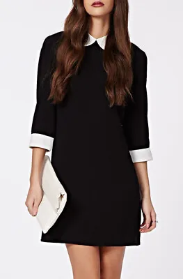 Womens Black Monochrome Peter Pan Collar 3/4 - Sleeve Skater Block Mini Dress  • £16.99