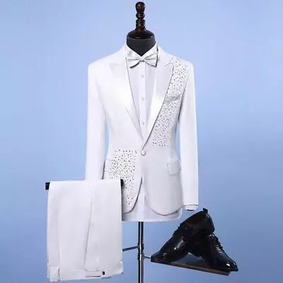 Mens Work Slim Fit Rhinestone Suit Blazer Jacket Pants 2PCS Glitter Wedding Sets • $63.96