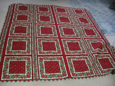 Vintage Handmade Machine Christmas Holly Block Quilt With Pointed Edges  • $29