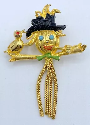 F7-2378 Vintage Brooch Gold Tone Pin 2.5  Enamel Halloween Scarecrow Bird • $4.99