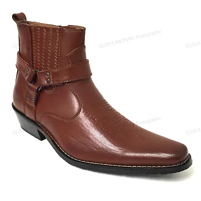 Brand New Men's Cowboy Boots Western Leather Lined Ankle Harness Strap Zipper • $33.20