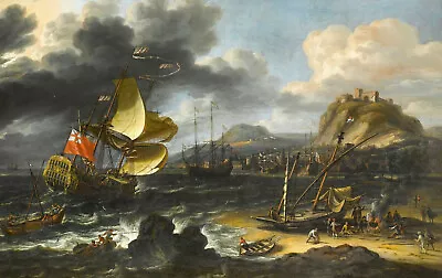 Oil Painting   An English Man-O’War Running Into A Crowded Continental Port   • $177