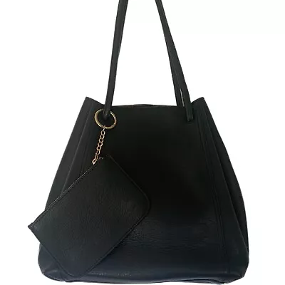 Lauren Conrad Black Faux Leather Drawstring Bucket Bag Purse Matching Coin Gold • £13.02