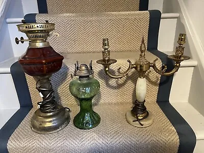 3 Vintage Antique Style Electric Oil Table Lamps Lights Onyx Green Glass Ceramic • £20