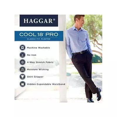 Haggar Mens Cool 18 Pro Classic-Fit Expandable Waist Pleated Stretch Dress Pants • $41.99