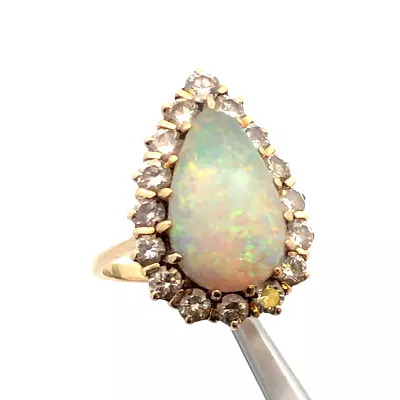 Vintage 14K Yellow Gold Pear Opal Cabochon Diamond Halo Cocktail Ring • $495
