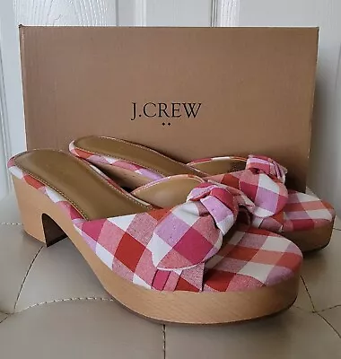 NIB $138 Sz 9 J Crew Gingham Check Plaid Wooden Chunky Heels Mule Bow PINK RED • $29