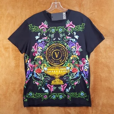 VERSACE COUTURE Mens Shirt Large Black Pullover Crew Floral Garden Logo $225 • $124.88