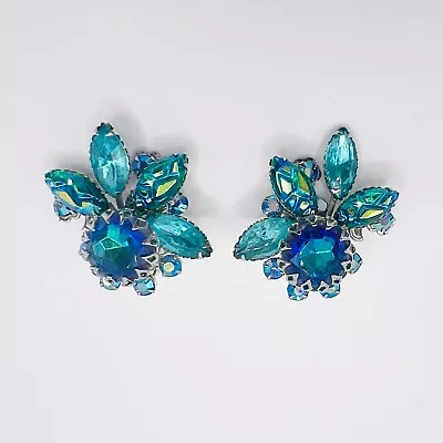 Vintage Judy Lee Clip On Earrings Peacock Blue Rhinestone AB Molded Glass Signed • $29.95