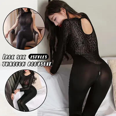 £13.55 • Buy Women Sexy Lingerie Lace Jumpsuit Elastic Bodysuit Zip Crotch Catsuit Nightwear