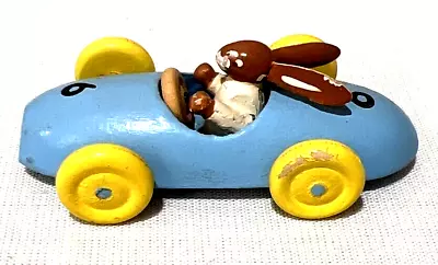 Vintage Wood Toy RABBIT Driving Blue Race CAR Driver Erzgebirge Bunny GERMANY • $12