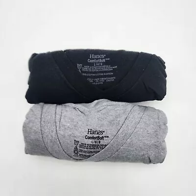 Hanes Comfort Soft Tagless BLACK/Grey V-Neck T-Shirt 2-Pack L 100% Cotton Men's • $12.95