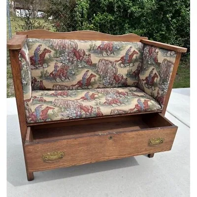 Oak Upholstered Upcycled Dresser Bench Cowboy Print Drawer Country Farmhouse • $220.50