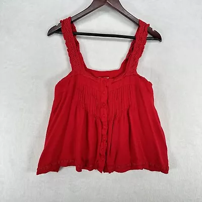 Miss Me Tank Top Womens Medium Red Cami Button Up Crochet Oversized Rayon Boho • $18