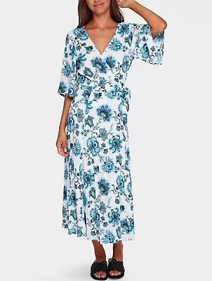 $65 • Buy TIGERLILY Aliki Maxi Wrap Dress In Blues And White Size 8 NWT [RRP $250]