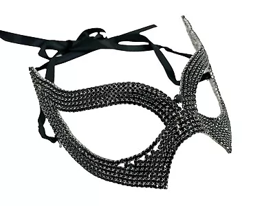 Jet Black Rhinestone Cat Eye Mask Women's Venetian Fetish Masquerade • $16.99