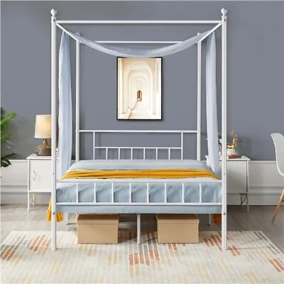 Metal Canopy Bed Frame Four-poster Canopied Platform Bed With Headboard  • £89.99