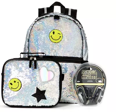 Schoolyard Vibes Sequin Patch Girls 16  3 Piece Headphone Lunch Kids BACKPAK • $21.50