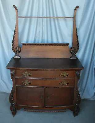 Antique Fancy Oak Commode – Carvings With Towel Bar • $850