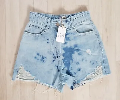 NEXT EDIT Size 8 Blue RIPPED DENIM SHORT SHORTS Summer ACID WASH High Waist 26R • £12.99