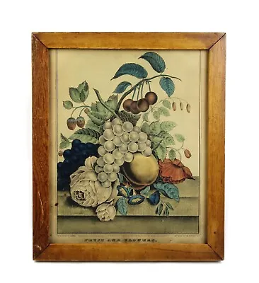 Antique 19th C N Currier Framed Hand Colored Litho Print 1848 Fruit And Flowers • $80