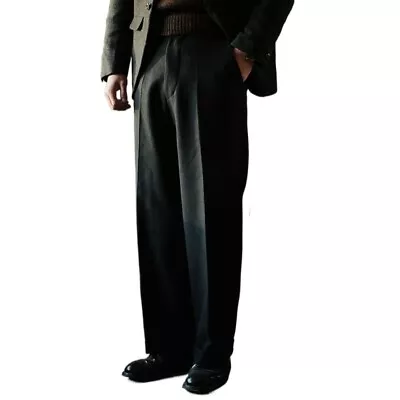 Men Retro Baggy Tweed Pants Thick Wool Blend Suit Formal Straight Leg Trousers • $58.43