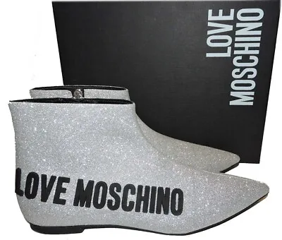 Love Moschino Boots Ankle Silver Glitter Logo Booties Flat Pointy Toe Shoes 37 • $139