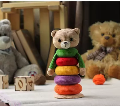 CROCHET PATTERN PAPER COPY Rainbow Stacking Teddy Baby Toy Amigurumi 4ply  152 • £4.09