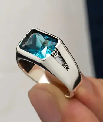 Natural Blue Topaz Gemstone With 925 Sterling Silver Ring For Men's Gift For Him • $66.80