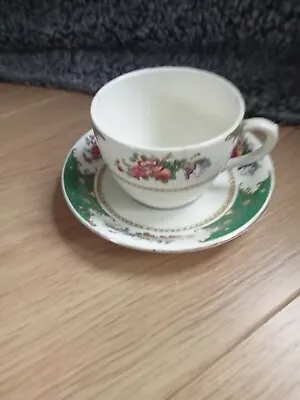 Vintage SAMPSON BRIDGWOOD Cup & Saucer White Green & Floral Design C1959-60s • £8