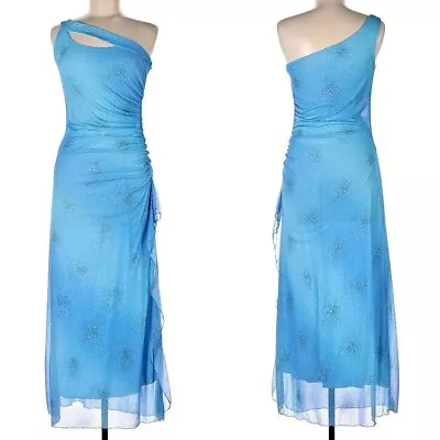 Vintage 90s Y2k Taboo Prom Dress Maxi One Shoulder Blue Glitter Cut Out Size M • $84