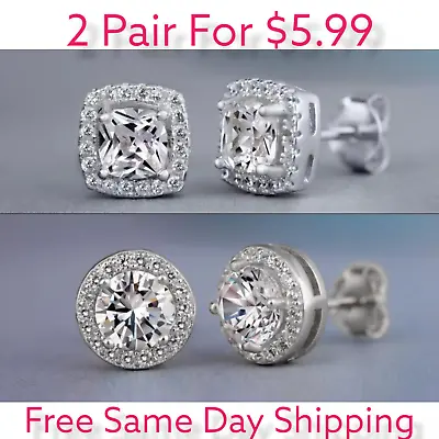2Pair Silver Plated Stud Earrings With Cubic Zirconia For Men Women Unisex • $5.99