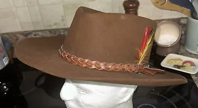 Vintage Stetson 3X Beaver Cowboy Hat Brown Long Oval 7 3/8 Feather Rare Nice 80s • $289