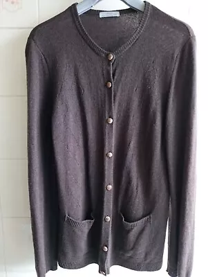 M&S Classic Cardigan 16 Pure New Wool Longer Line Pockets Dark Chocolate Brown • £8