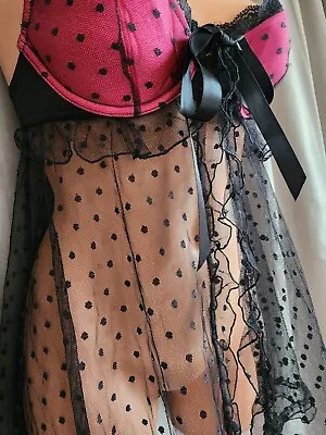 Victoria’s Secret Push-up Babydoll Sheer Lingerie Black Polka Dots Pink Size 36B • $29.99