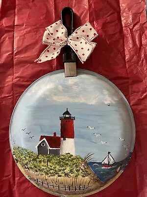 Hand Painted Oil By Jean Birch On Metal Pan Cape Cod Scene Lighthouse Beach Boat • $39.99