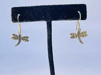 Vintage 925 Sterling Silver Marcasite Dragonfly Earrings. • $15