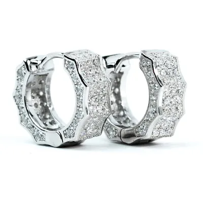 Men's White Gold Plated Fully Iced Cz 925 Sterling Silver Hoop Huggie Earrings • $21.99