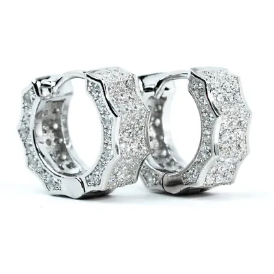 Men's White Gold Plated Fully Iced Cz Sterling Silver Small Hoop Huggie Earrings • $22.99