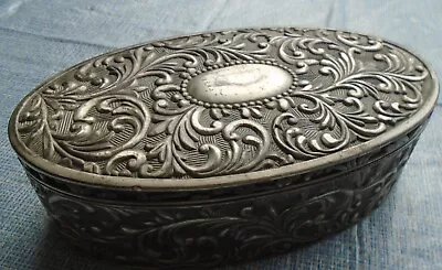 Trinket Jewelry Box Oval SilverPlate 7  Long W Repousse Floral Design Vintage • $9.99