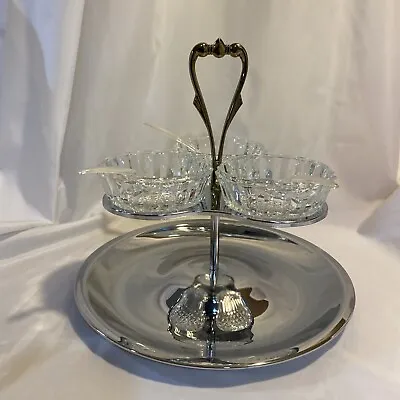 VTG Kromex 3 Dish Condiment Revolving Pedestal Caddy Server W/ Spoons • $22.75