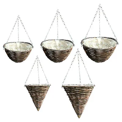 Rattan 11  - 16  Natural Wicker Hanging Basket Round Cone Plastic Lined • £5.25