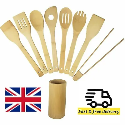 £10.99 • Buy Bamboo Utensil Set Pack Of 9 Kitchen Utensil Wooden Utensils Wooden Spatula Set