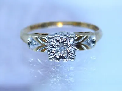 10k Gold Vintage Deco Flower .07ct Diamond WEDDING RING Band Sz 6.5 Two Color • $178.99