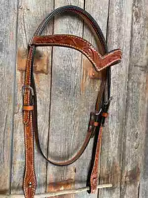 $71.25 • Buy Floral V Brow Band Medium Oil Headstall / Bridle Hand Tooled