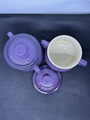 2  Le Creuset Stoneware 16oz Mini Bean Pots Soup Crocks W/ Lid Purple • £25