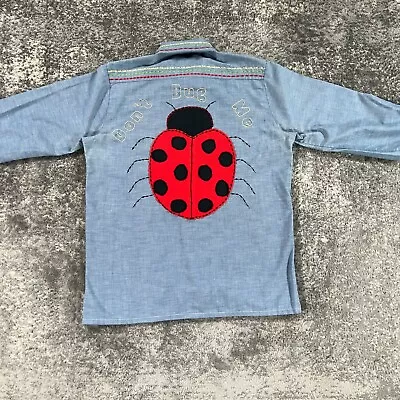 Vintage Chambray Shirt Mens Small S Ladybug Floral Funny Custom Embroidery 70s • $15.98