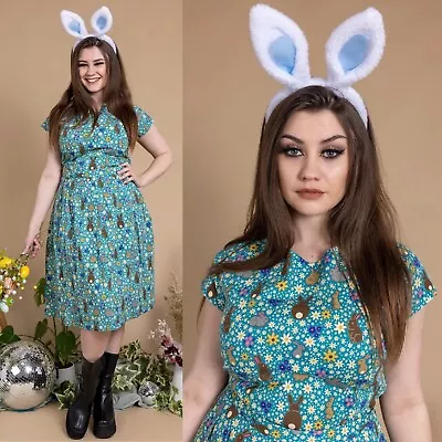 RUN AND FLY Bunny Meadows Print Cotton Tea Dress With Pockets 8-26 Cute Retro • £35