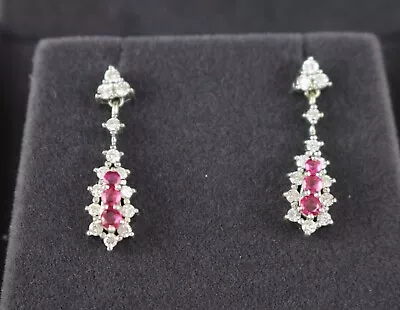 Gorgeous Vintage 14k White Gold Natural Round Diamond Pink Ruby Dangle Earrings • $498